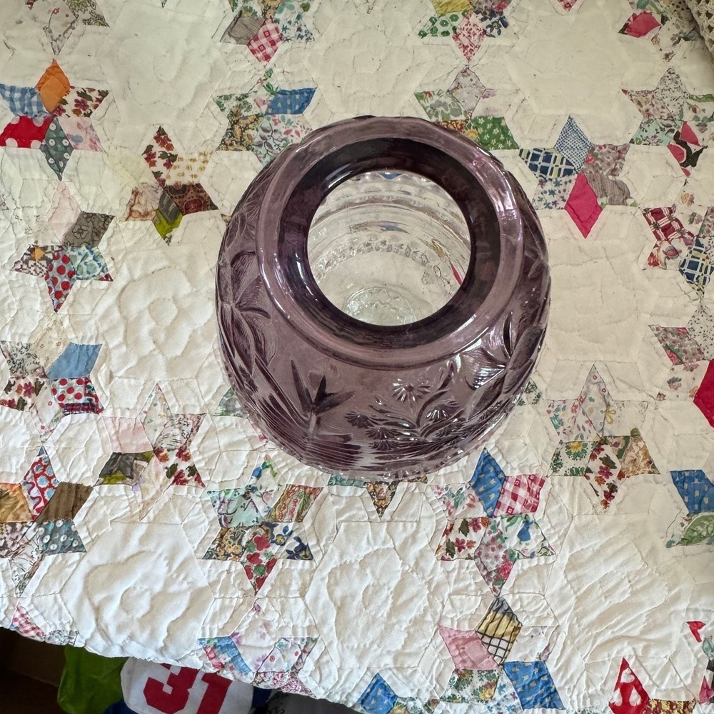 Vintage Purple Pressed Glass Floral Fairy Lamp Candle Holder 2 Piece Clear Base - Picture 4 of 9
